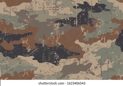 Camouflage seamless pattern. Grunge and scratch texture. Five colors. Tan, black, two shades of brown and two shades of green.