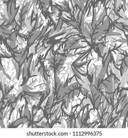 Camouflage seamless pattern with hand drawn needles texture. Abstract modern military and hunting background. Vector illustration.