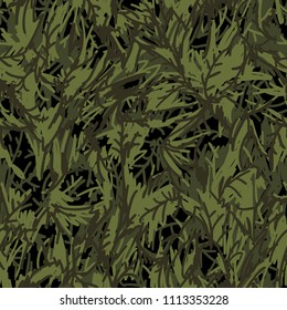 Camouflage seamless pattern with hand drawn needles texture. Abstract modern military and hunting background. Vector illustration.