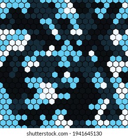 Camouflage seamless pattern of hexagonal elements in blue, dark and white colors. Abstract camo.Endless texture. Print on fabric on clothes. Modern vector design