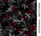 Camouflage seamless pattern with hexagonal geometric ornament maroon spots on dark grey and black colors. Vector illustration of night stealth camo