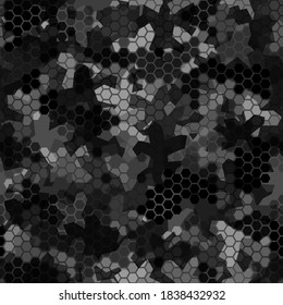 Camouflage Seamless Pattern With Hexagonal Geometric Ornament In Dark Grey And Black Colors. Vector Illustration Of Night Stealth Camo