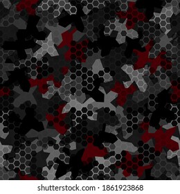 Patrón sin fisuras de camuflaje con manchas hexagonales geométricas de ornamentos en colores gris oscuro y negro. Ilustración vectorial del camo sigiloso nocturno