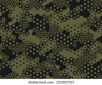 Camouflage seamless pattern with hexagonal geometric dotted texture. Abstract modern endless military ornament for fabric and fashion textile print. Vector background.