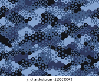 Camouflage seamless pattern with hexagonal geometric dotted texture. Abstract modern endless military ornament for fabric and fashion textile print. Vector background.