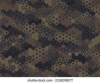 Camouflage seamless pattern with hexagonal geometric dotted texture. Abstract modern endless military ornament for fabric and fashion textile print. Vector background.