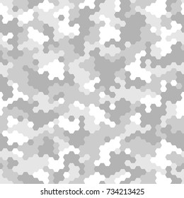 Camouflage seamless pattern with hexagonal geometric ornament in light grey and white colors. Vector illustration.