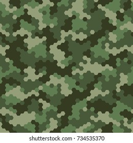 Camouflage seamless pattern with hexagonal geometric ornament in green colors. Vector illustration.