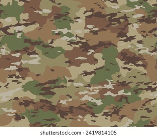 Camouflage seamless pattern incorporating various natural shapes of dark brown, light brown, olive green, light green, khaki and white.