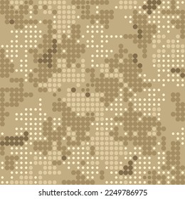 Camouflage seamless pattern. Khaki digital dots for desert area. Military beige textile. Modern camo uniform for soldiers in the war. Multicolor militaristic wallpaper flat vector illustration.