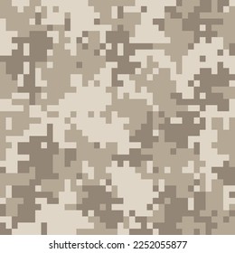 Camouflage seamless pattern. Khaki digital pixel tiles for desert area. Military beige textile. Modern camo uniform for soldiers in the war. Multicolor militaristic wallpaper flat vector illustration.