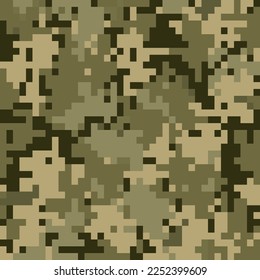 Camouflage seamless pattern. Khaki digital pixel tiles. Woodland or jungle military textile. Modern camo uniform for soldiers in the war. Multicolor militaristic wallpaper flat vector illustration.