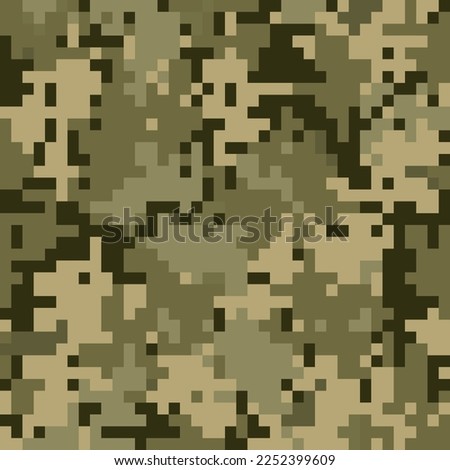 Camouflage seamless pattern. Khaki digital pixel tiles. Woodland or jungle military textile. Modern camo uniform for soldiers in the war. Multicolor militaristic wallpaper flat vector illustration.