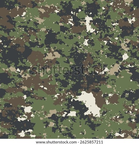 Camouflage seamless pattern. Khaki digital pixel tiles. MARPAT woodland military textile. Modern camo uniform for soldiers in the war. Multicolor militaristic wallpaper flat vector illustration.