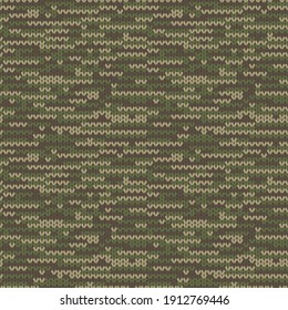Camouflage seamless pattern with khaki green realistic knit texture. Vector illustration.