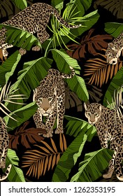 Camouflage Seamless pattern. Leopards and a Tropical banana, exotic palm leaves. Textile composition, hand drawn style print. Vector illustration.