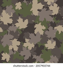 Camouflage seamless pattern of maple leaves. Abstract modern floral endless background in military style for fabric and fashion print. Vector ilustration.