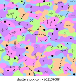 Camouflage seamless pattern. Memphis style trend. Bright abstract background.