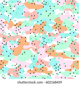 Camouflage seamless pattern. Memphis style trend. Bright abstract background.