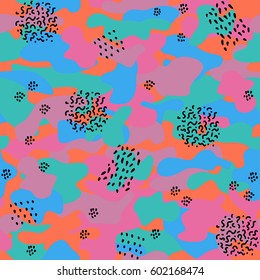 Camouflage seamless pattern. Memphis style trend. Bright abstract background.