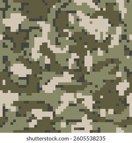 Camouflage seamless pattern. Military ornament for fabric and fashion textile print, urban camo clothing style, trendy digital texture. Vector khaki green background