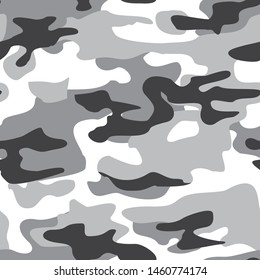 
Camouflage seamless pattern military texture. Black and white. Dark and white spots on a gray background. Hunting, fishing. Winter. Print on fabric on paper. Vector