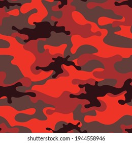 Camouflage seamless pattern. Military texture. Endless camo of dark and red spots. Modern print on fabric for clothes. Vector illustration