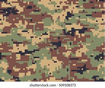 Camouflage seamless pattern. Military woodland summer print. Pixelated digital shapes. Four colors (green, brown, ocher-yellow, black).