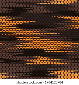 Camouflage seamless pattern modern. Dark and orange lines on a gray background. Abstract camo. Endless texture. Print on fabric on textiles. Vector illustration