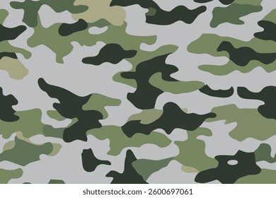 Camouflage, seamless pattern. Modern military ornament for fabric and fashion. Classic camo clothing style. Green soft white black texture. Vector background, textile print