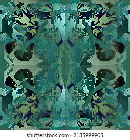 Patrón sin fisuras de camuflaje. Fondo del vector de cuadrícula digital mosaico. Fondo de repetición verde de semitono. Textura creativa e interminable ornamental. Ornamentos coloridos abstractos. Diseño ornamentado de estilo píxel moderno.