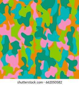 Camouflage seamless pattern in a pink, blue, orange and green colors.