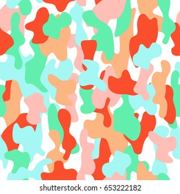 Camouflage seamless pattern in a pink, orange, blue and white colors.