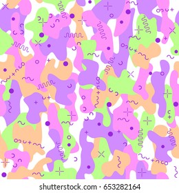 Camouflage seamless pattern in a pink, violet, green and orange colors.