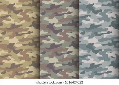 Camouflage seamless pattern set. Classic style masking camo, repeat print. Vector illustration.