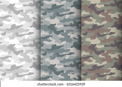 Camouflage seamless pattern set. Classic style masking camo, repeat print. Vector illustration.