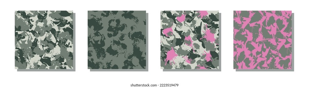 Camouflage seamless pattern set in grey and pink.