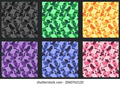 Camouflage seamless pattern set. Trendy style camo, reprint. Vector illustration. Khaki texture military army green hunting