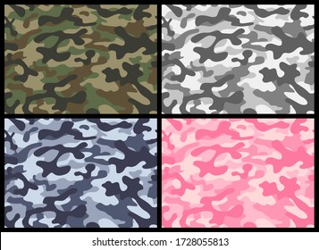 Camouflage seamless pattern set. Vector illustration repeat print. Khaki gray pink blue green texture, military army hunting