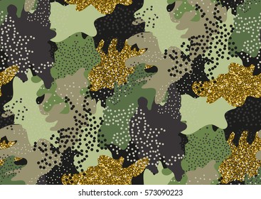 Camouflage seamless pattern in a shades of green, gold glitter, brown, beige colors.