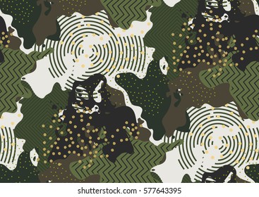 Camouflage seamless pattern in a shades of green, golden, brown, beige, black colors.