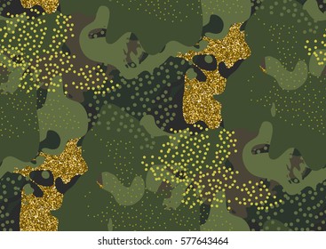 Camouflage seamless pattern in a shades of green, gold glitter, brown, black colors.