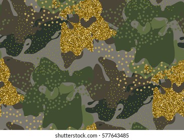 Camouflage seamless pattern in a shades of green, gold glitter, brown, beige colors.