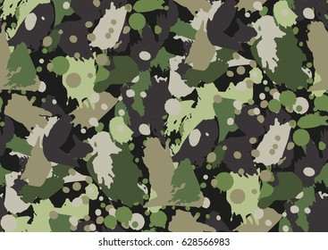 Camouflage seamless pattern in a shades of green, brown, beige colors. Hand drawn brush strokes. Vector illustration.