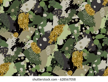 Camouflage seamless pattern in a shades of green, brown, beige, gold glitter colors. Hand drawn brush strokes. Vector illustration.