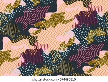 Camouflage seamless pattern in a shades of pink, gold glitter, blue , black colors.