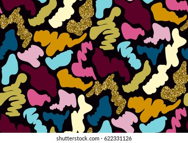 Camouflage seamless pattern in a shades of pink, yellow, gold glitter, blue , black colors.