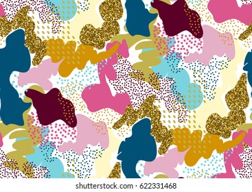 Camouflage seamless pattern in a shades of pink, yellow, gold glitter, blue, red colors.