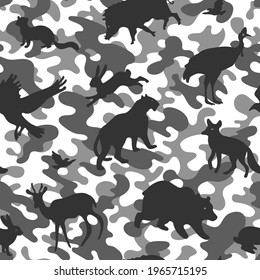 Camouflage seamless pattern with silhouettes of wild animals. Camo style black and white texture for hunter and military clothes.  Vector hand drawn illustration.