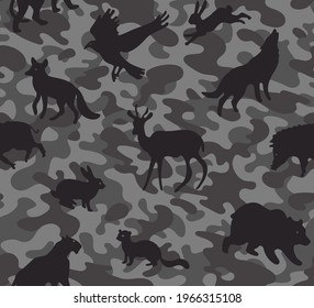 Camouflage seamless pattern with silhouettes of wild animals. Camo style black and gray texture for hunter and military clothes.  Vector hand drawn illustration.